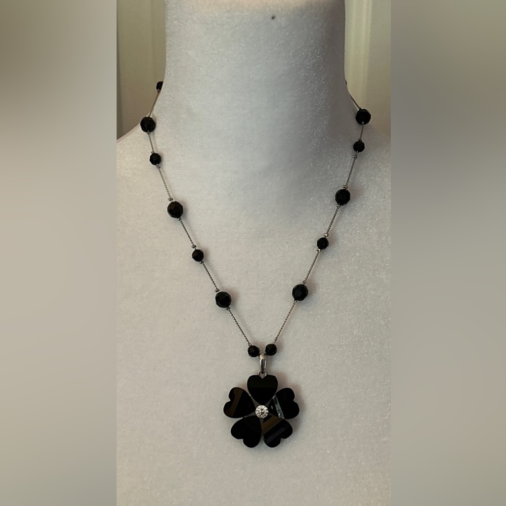 Black Flower Pendant On Silver Chain With Black Beads